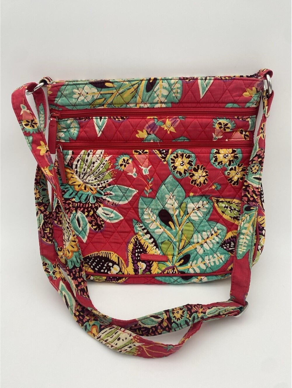 Vera Bradley Coral Floral Rumba Pattern Triple Zip Hipster Crossbody Handbag